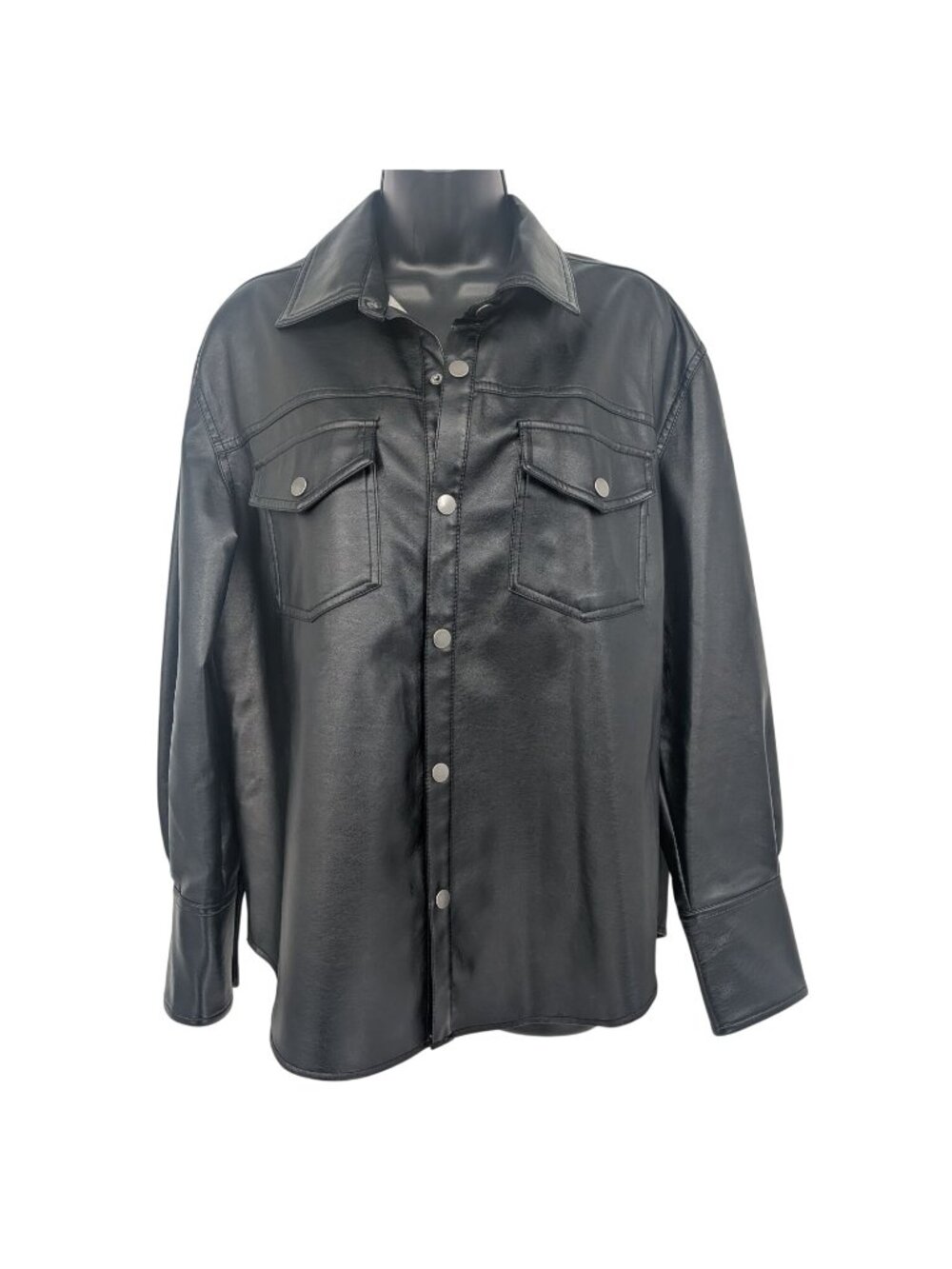Black Faux Leather Moto Shacket Relaxed Fit Snap Front Long Sleeve Biker Medium